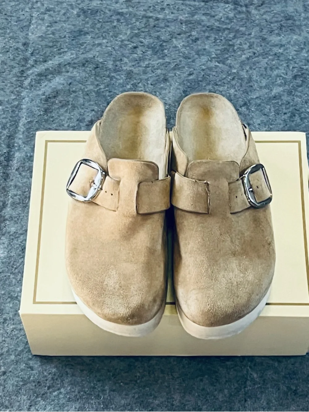 Madden Girl Beige Suede Slip-On Mule with Buckle - Picture 2 of 6